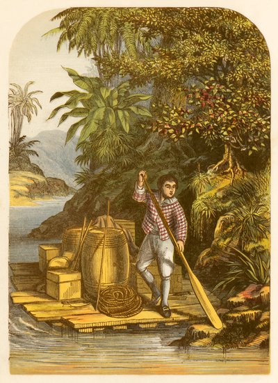 Robinson Crusoe redt veel nuttige artikelen van het schip met een vlot door Alexander Francis Lydon